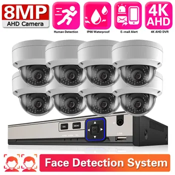 4K Ultra HD 8MP AI Face Security Camera System H.265 AHD DVR Kit CCTV Наружный Металлический Белый Купол AHD Комплект Камер Видеонаблюдения