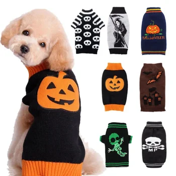 Свитер для собак и кошек на Хэллоуин, костюм для домашних животных со скелетом тыквы, костюм для Хэллоуина для маленьких средних и крупных собак, праздничные джемперы для щенков, наряды