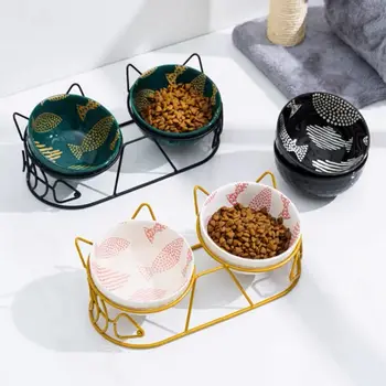 Двойная миска для кошек, керамическая миска с милыми высокими ножками, Наклонный рот Защищают шейный отдел позвоночника, предотвращают опрокидывание пищи.