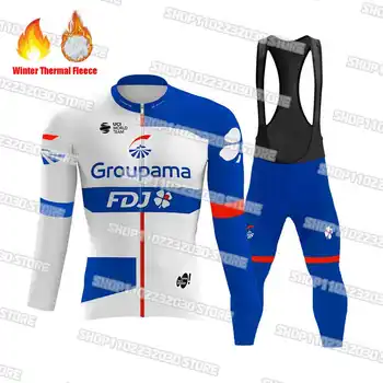 Новый бело-синий комплект из джерси для велоспорта Groupama FDJ 2023 с длинным рукавом, теплая одежда для шоссейного велосипеда из теплого флиса.