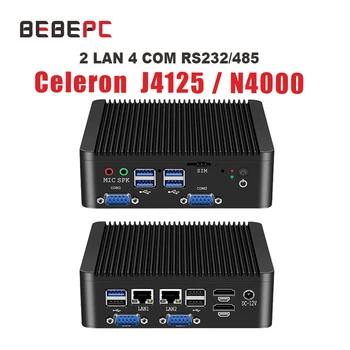 BEBEPC Промышленный Мини-ПК Без вентилятора Celeron J4125 Четырехъядерный N4000 2 LAN 4 COM Настольный Компьютер Windows 10 Pro Linux WIFI minipc