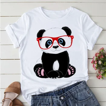 Женская блузка с круглым вырезом и коротким рукавом, очки с принтом панды, женская милая футболка с рисунком Каваи из мультфильма