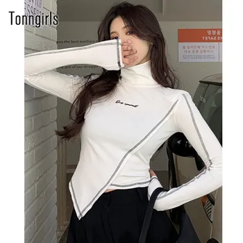 Винтажная футболка Tonngirls, обтягивающая футболка с длинным рукавом и буквами, женские укороченные топы с высоким воротом, топы в корейском стиле в стиле хип-хоп Y2k, черные футболки