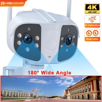 4K 8-Мегапиксельная WiFi-камера с двойным объективом для защиты от наружной безопасности CCTV Видеонаблюдение Умный дом 180 ° Сверхширокоугольная IP-камера