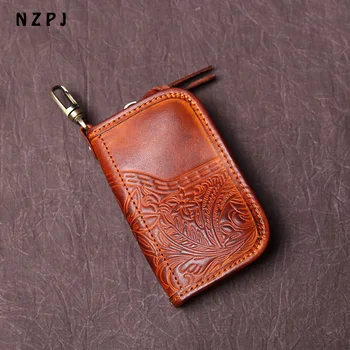 Мужская кожаная сумка для ключей NZPJ, Первый слой воловьей кожи, женская сумочка, Многофункциональная винтажная сумка для удостоверения личности из кожи растительного дубления.