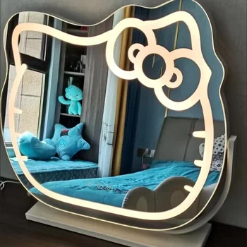 Sanrio Hello Kitty Большое Светодиодное Зеркало Для Макияжа, 3 Цвета, Режим Освещения, Перезаряжаемый Сенсорный Экран, Интеллектуальное Голосовое Настольное Зеркало, Подарок
